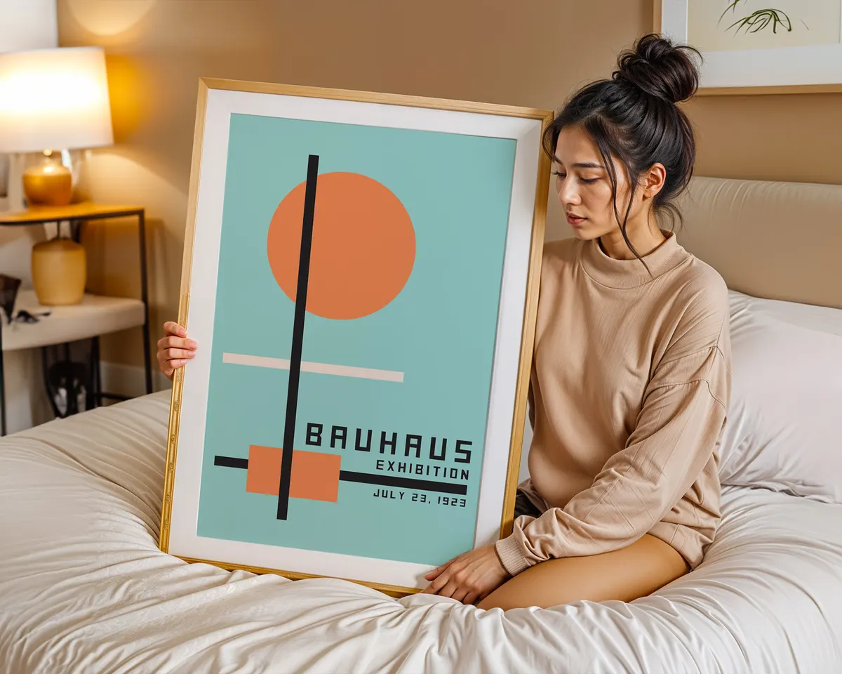 Bauhaus style geometric poster with bold orange and teal complementary colour blocks in a dynamic modernist composition. — photo 7