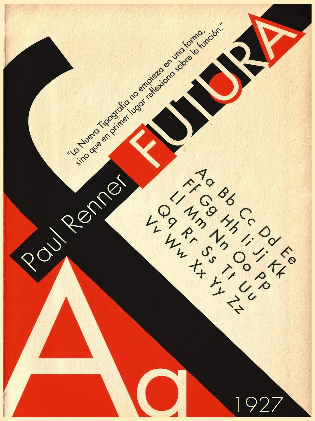 Typographic poster celebrating the Futura typeface with clean geometric sans-serif letterforms in a modernist layout.