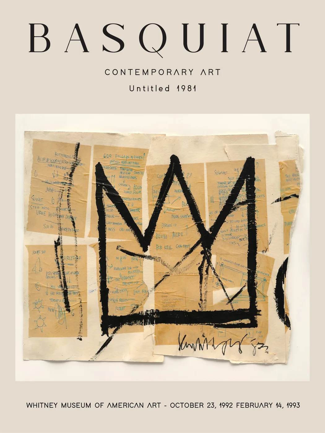 Street art style poster with a bold crown motif in raw expressive neo-expressionist mark-making inspired by 1980s New York graffiti.