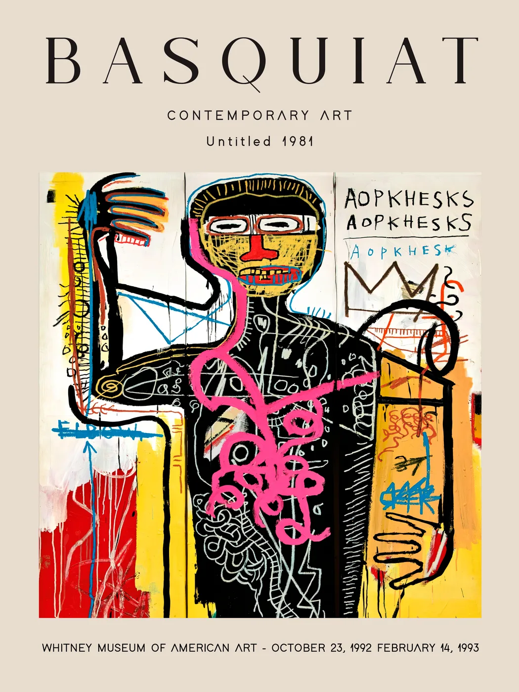 Neo-expressionist street art poster with raw gestural lines and abstract graffiti-influenced composition in bold colours.