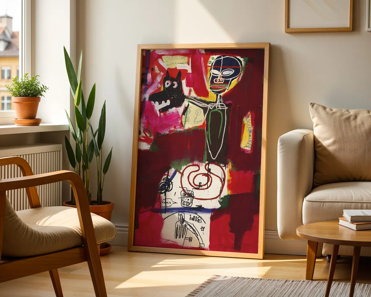 Urban street art pattern poster with layered neo-expressionist graffiti motifs in bold colours on a raw textured ground. — photo 2