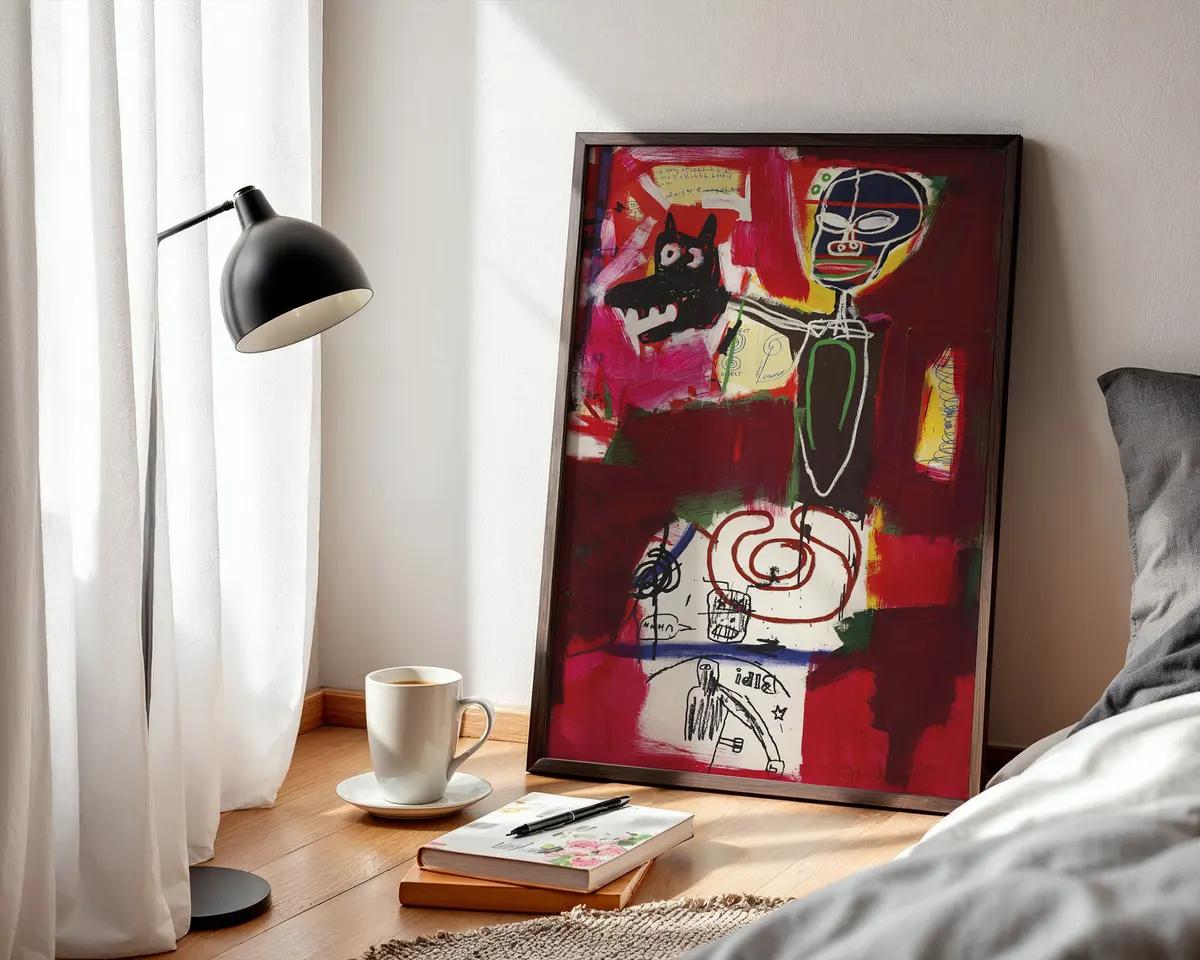 Urban street art pattern poster with layered neo-expressionist graffiti motifs in bold colours on a raw textured ground. — photo 3