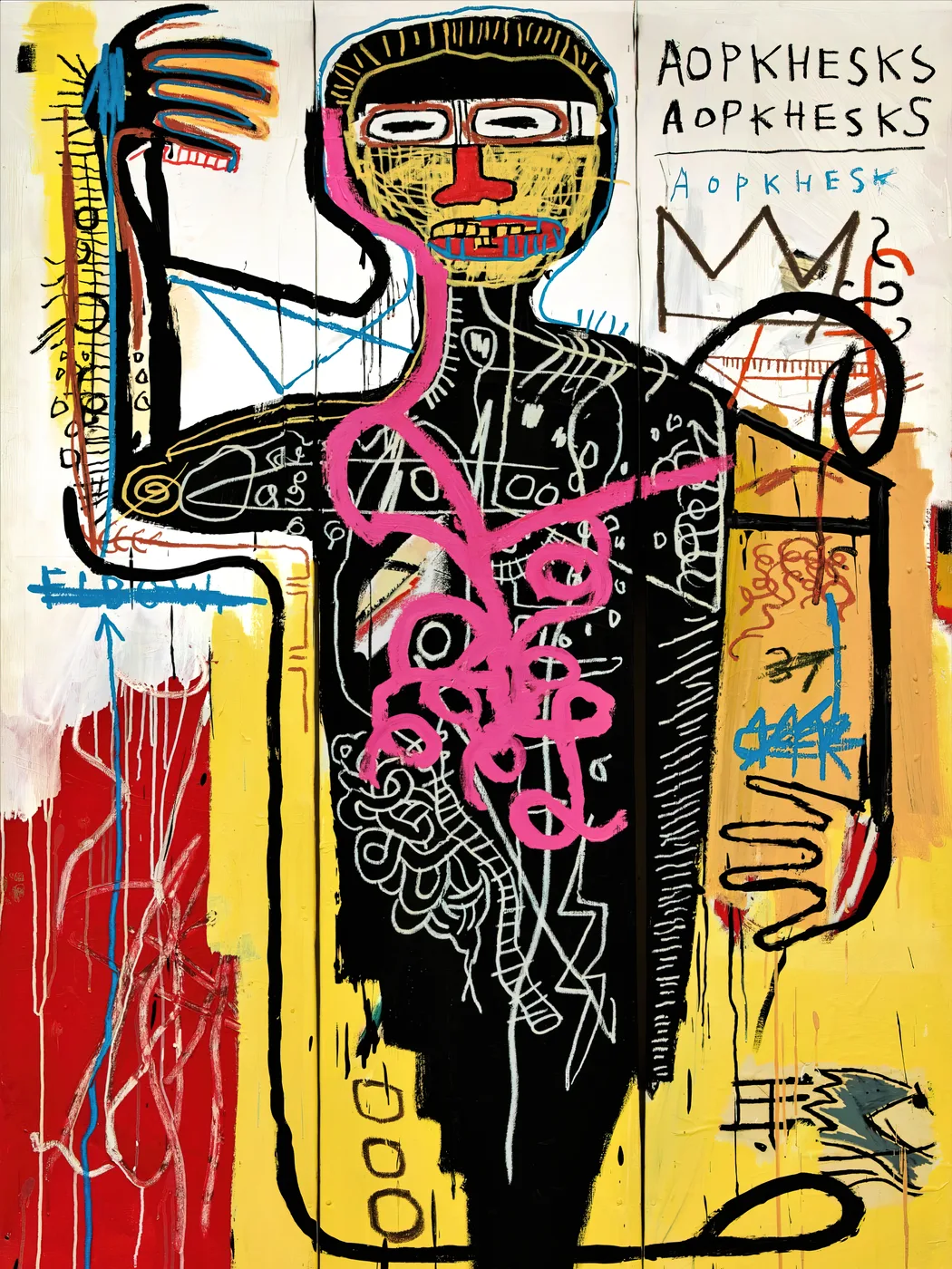 Abstract street art poster with a repeating grid of graffiti-style motifs in bold contrasting colours.