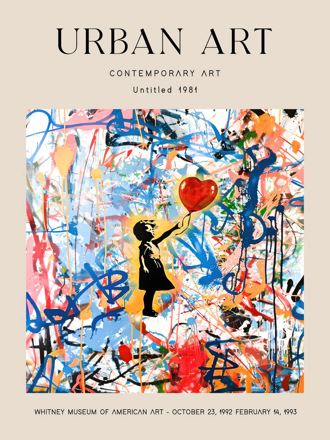 Neo-expressionist art poster with deliberate gestural marks and scratches in a controlled chaotic composition.