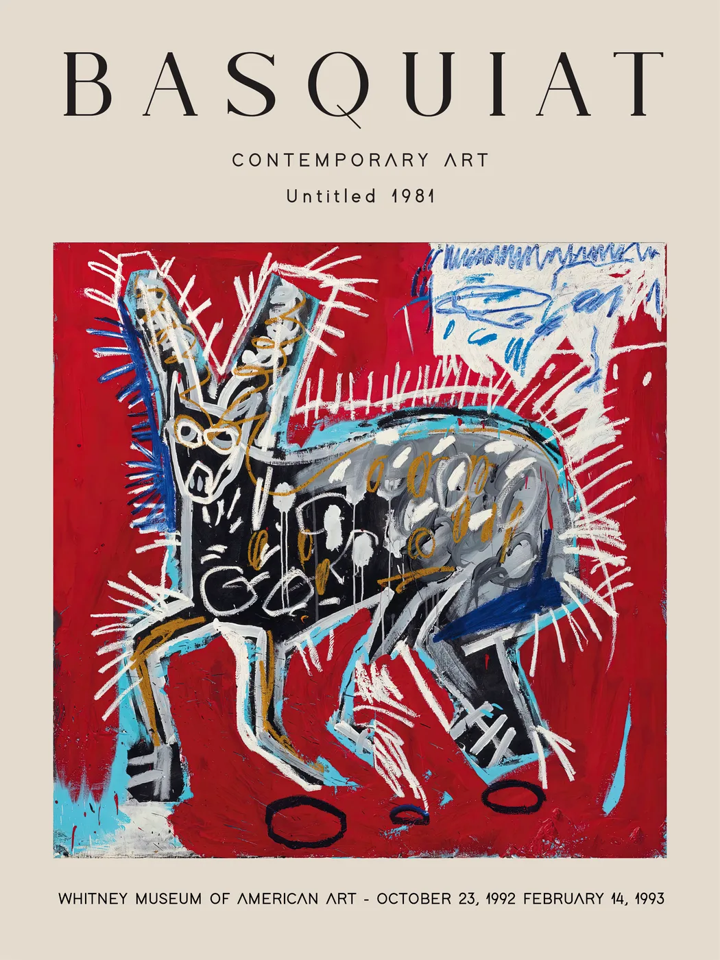 Bold red neo-expressionist street art poster with raw gestural composition in crimson and warm red tones.