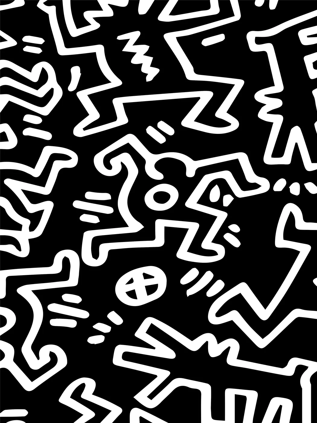 Pop art poster with energetic dancing figures in bold black line work on a clean background.