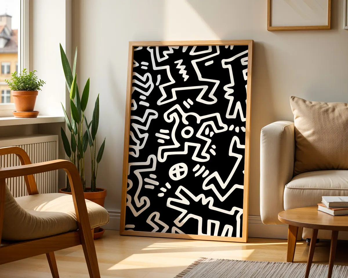Pop art poster with energetic dancing figures in bold black line work on a clean background. — photo 2