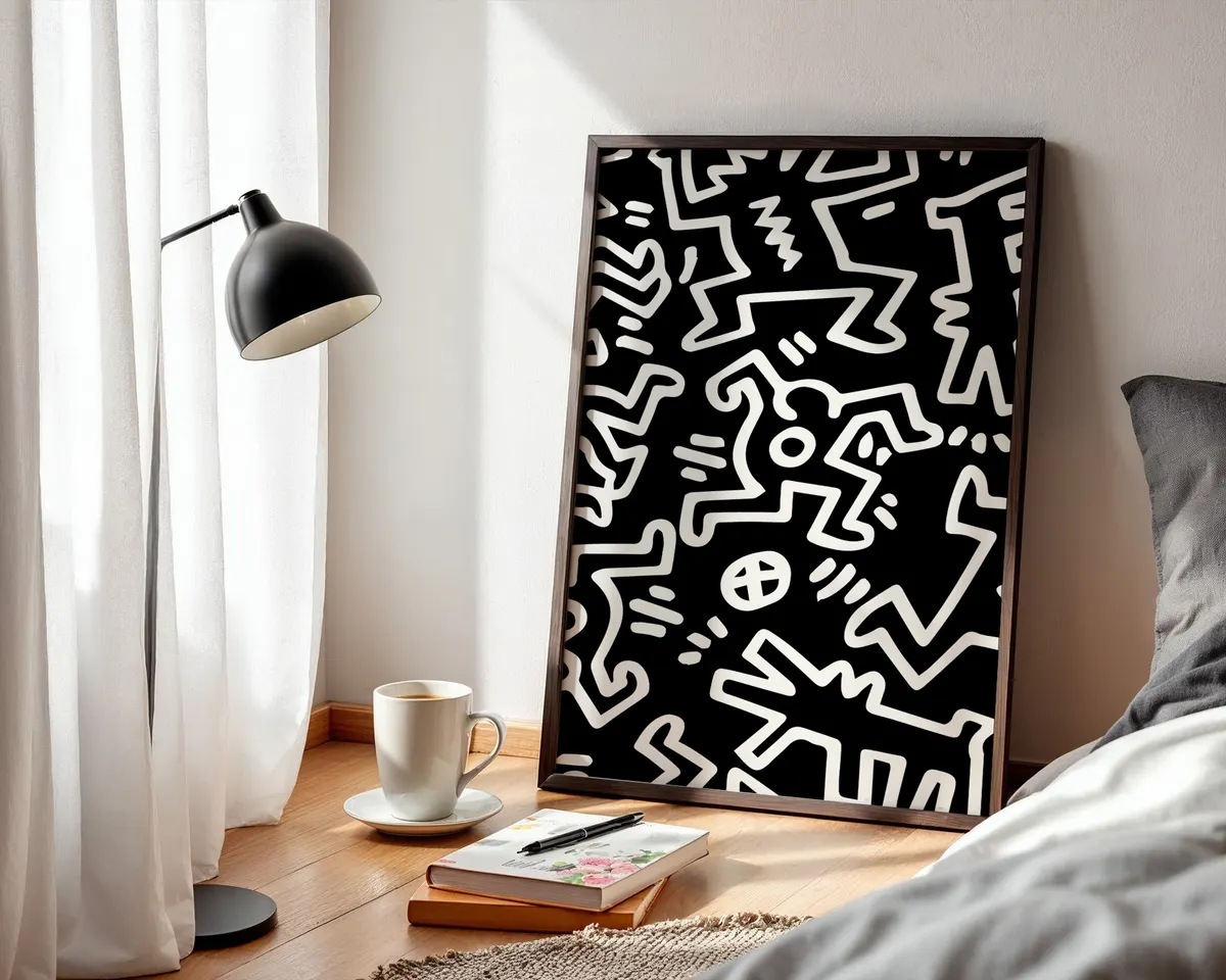 Pop art poster with energetic dancing figures in bold black line work on a clean background. — photo 3