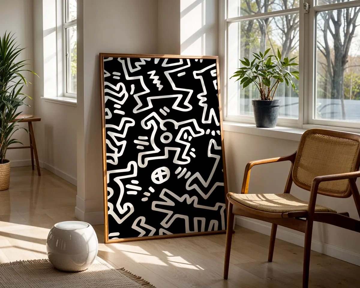 Pop art poster with energetic dancing figures in bold black line work on a clean background. — photo 5