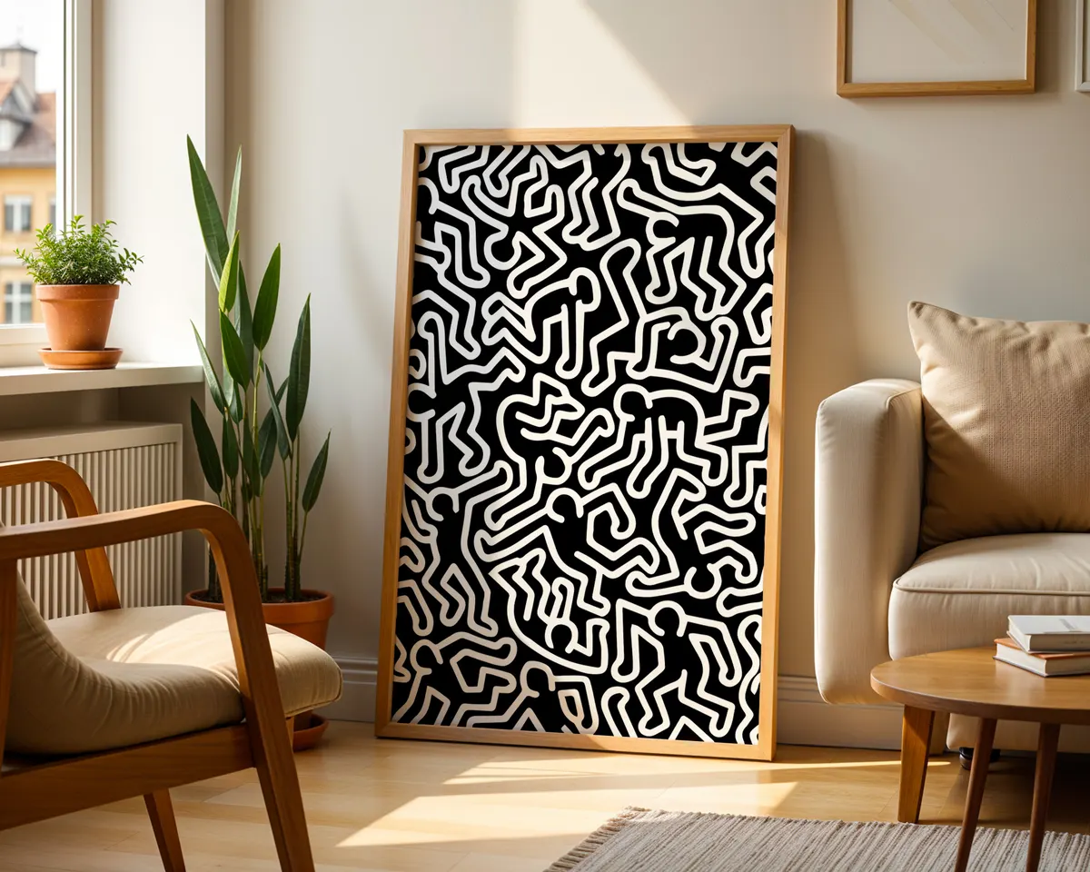 Pop art poster with kinetic dancing figures in bold two-colour line work radiating movement and energy. — photo 2