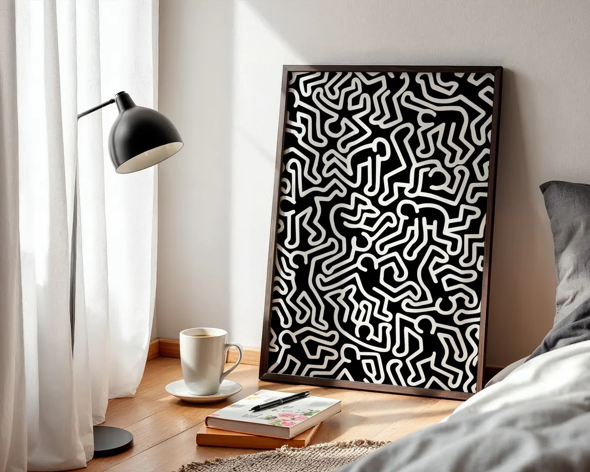 Pop art poster with kinetic dancing figures in bold two-colour line work radiating movement and energy. — photo 3