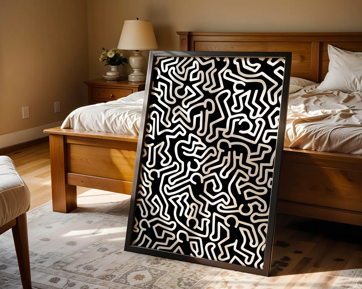 Pop art poster with kinetic dancing figures in bold two-colour line work radiating movement and energy. — photo 4