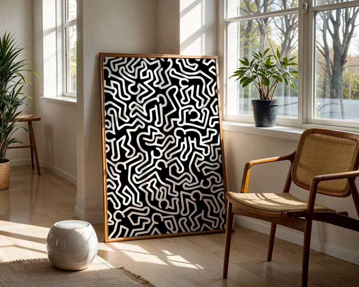Pop art poster with kinetic dancing figures in bold two-colour line work radiating movement and energy. — photo 5