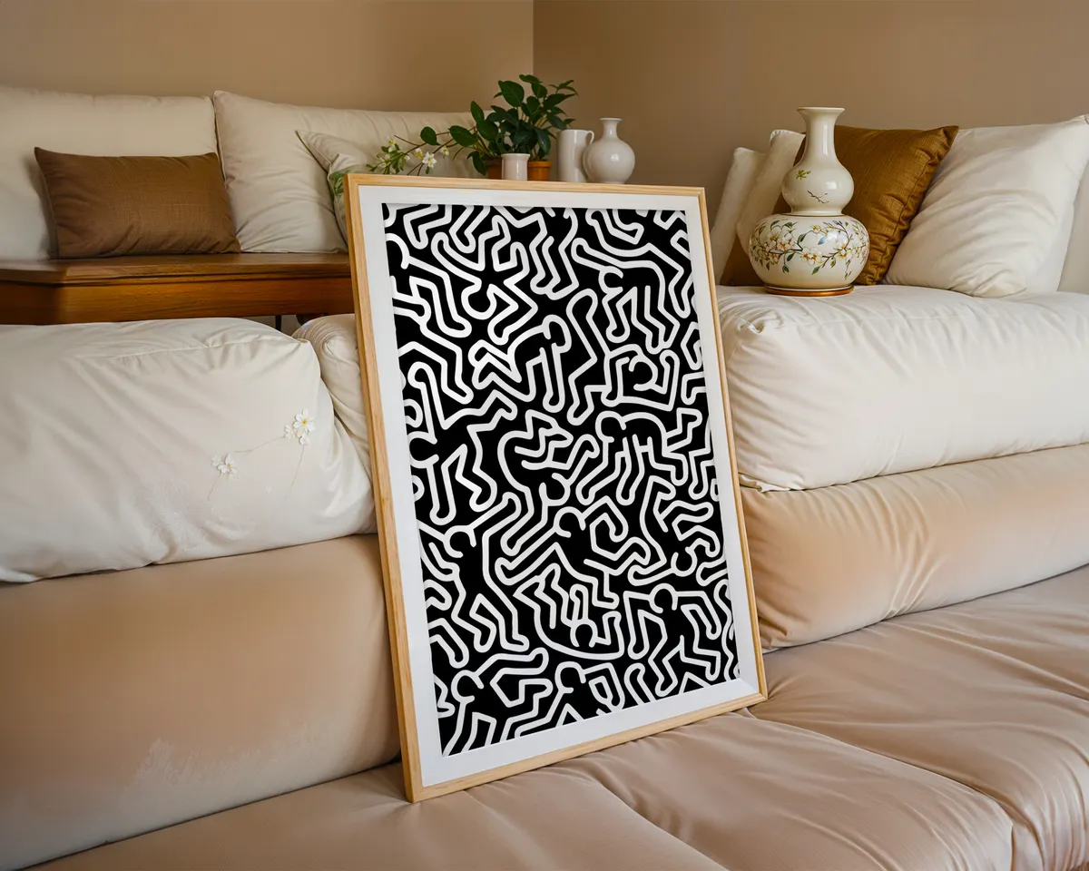 Pop art poster with kinetic dancing figures in bold two-colour line work radiating movement and energy. — photo 6