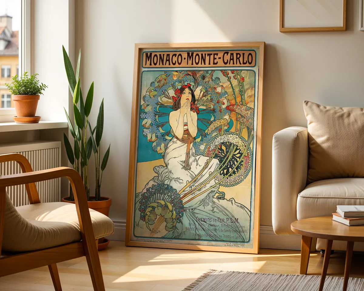 Art nouveau style vintage travel poster of Monte Carlo with an elegant illustrated woman in a flowing ornamental frame and rich jewel tones. — photo 2