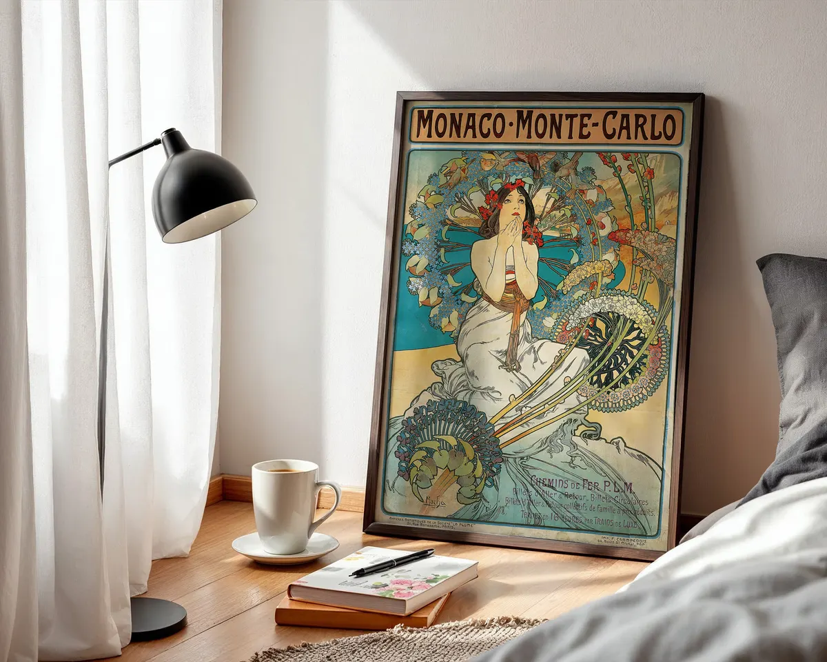 Art nouveau style vintage travel poster of Monte Carlo with an elegant illustrated woman in a flowing ornamental frame and rich jewel tones. — photo 3