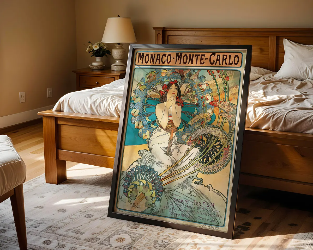Art nouveau style vintage travel poster of Monte Carlo with an elegant illustrated woman in a flowing ornamental frame and rich jewel tones. — photo 4