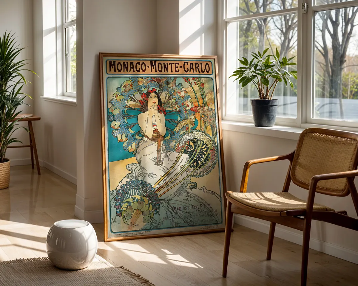 Art nouveau style vintage travel poster of Monte Carlo with an elegant illustrated woman in a flowing ornamental frame and rich jewel tones. — photo 5