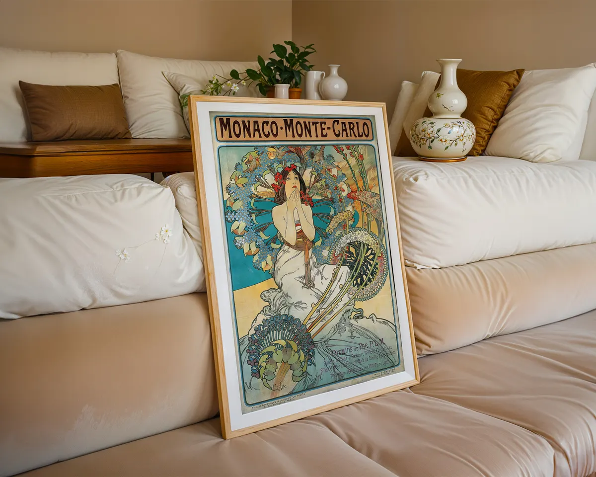 Art nouveau style vintage travel poster of Monte Carlo with an elegant illustrated woman in a flowing ornamental frame and rich jewel tones. — photo 6