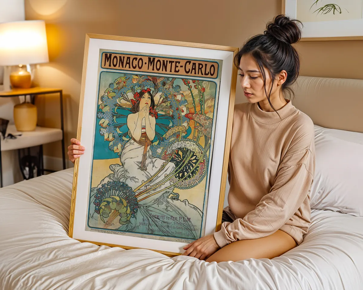 Art nouveau style vintage travel poster of Monte Carlo with an elegant illustrated woman in a flowing ornamental frame and rich jewel tones. — photo 7