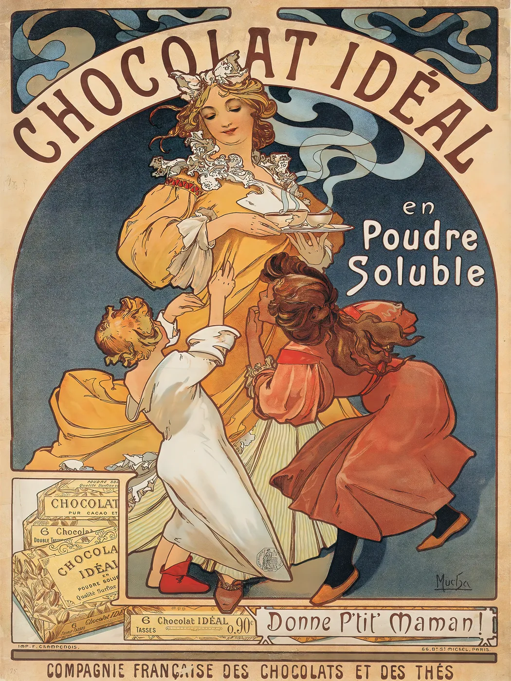 Art nouveau advertising style poster of an elegant woman with flowing hair in an ornamental frame, in warm cream, gold and earth tones.