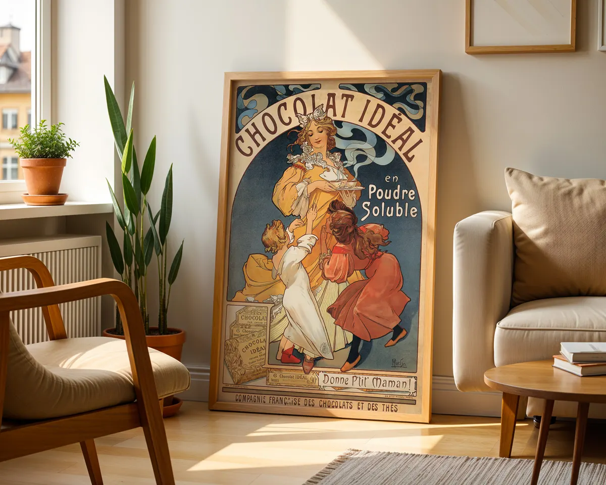 Art nouveau advertising style poster of an elegant woman with flowing hair in an ornamental frame, in warm cream, gold and earth tones. — photo 2
