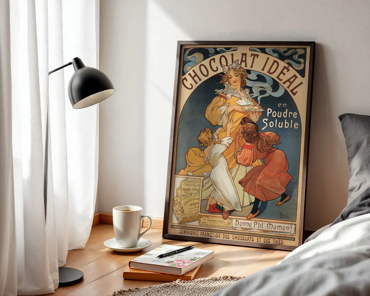 Art nouveau advertising style poster of an elegant woman with flowing hair in an ornamental frame, in warm cream, gold and earth tones. — photo 3