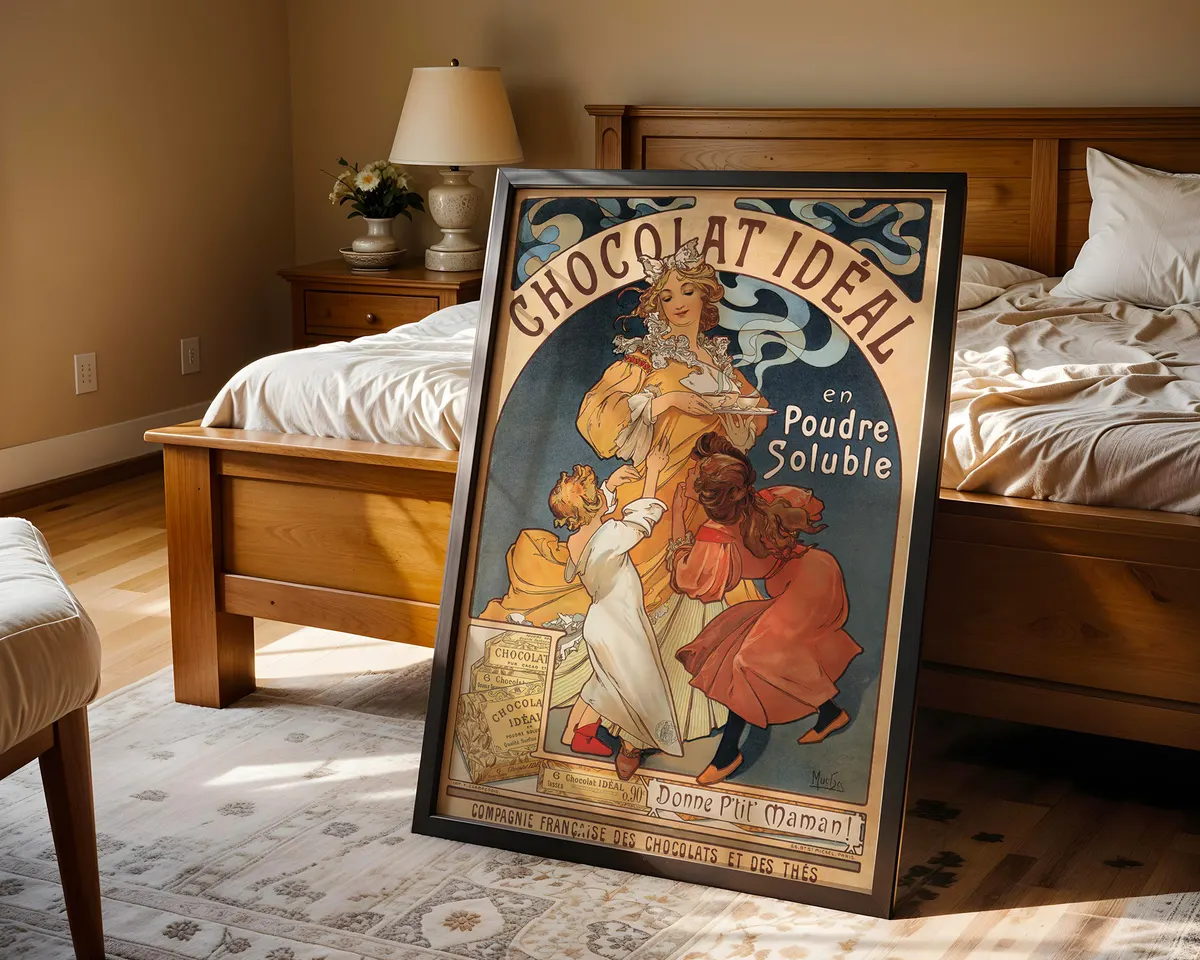 Art nouveau advertising style poster of an elegant woman with flowing hair in an ornamental frame, in warm cream, gold and earth tones. — photo 4