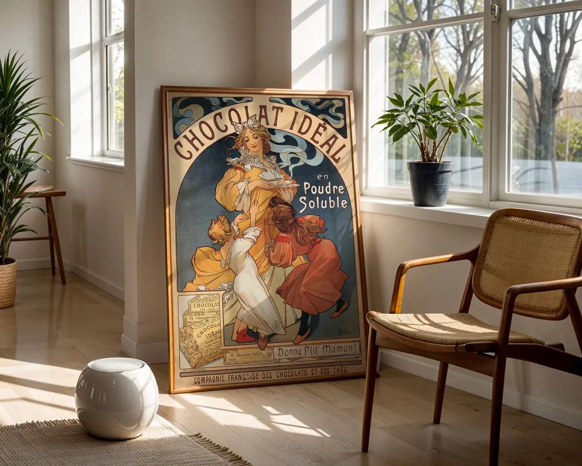 Art nouveau advertising style poster of an elegant woman with flowing hair in an ornamental frame, in warm cream, gold and earth tones. — photo 5