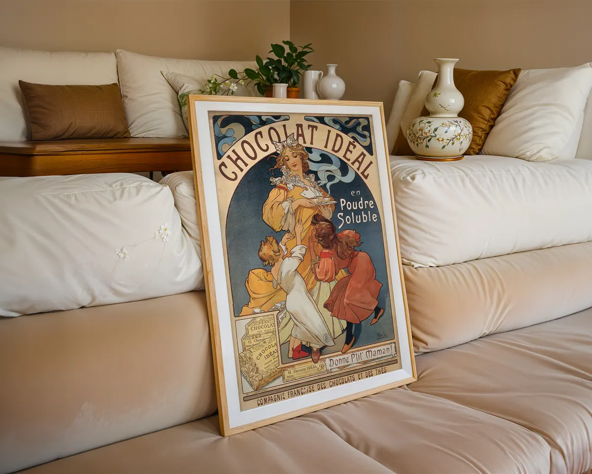 Art nouveau advertising style poster of an elegant woman with flowing hair in an ornamental frame, in warm cream, gold and earth tones. — photo 6