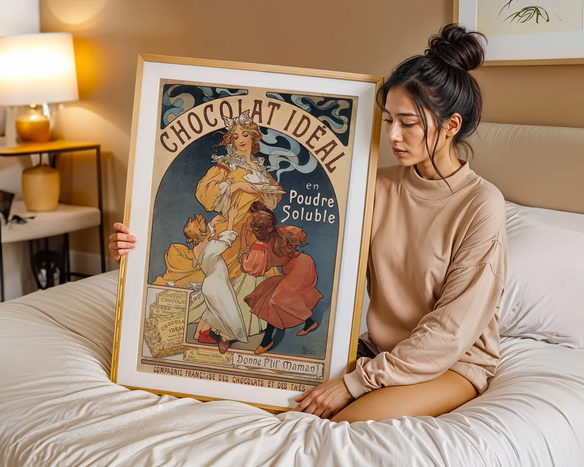 Art nouveau advertising style poster of an elegant woman with flowing hair in an ornamental frame, in warm cream, gold and earth tones. — photo 7