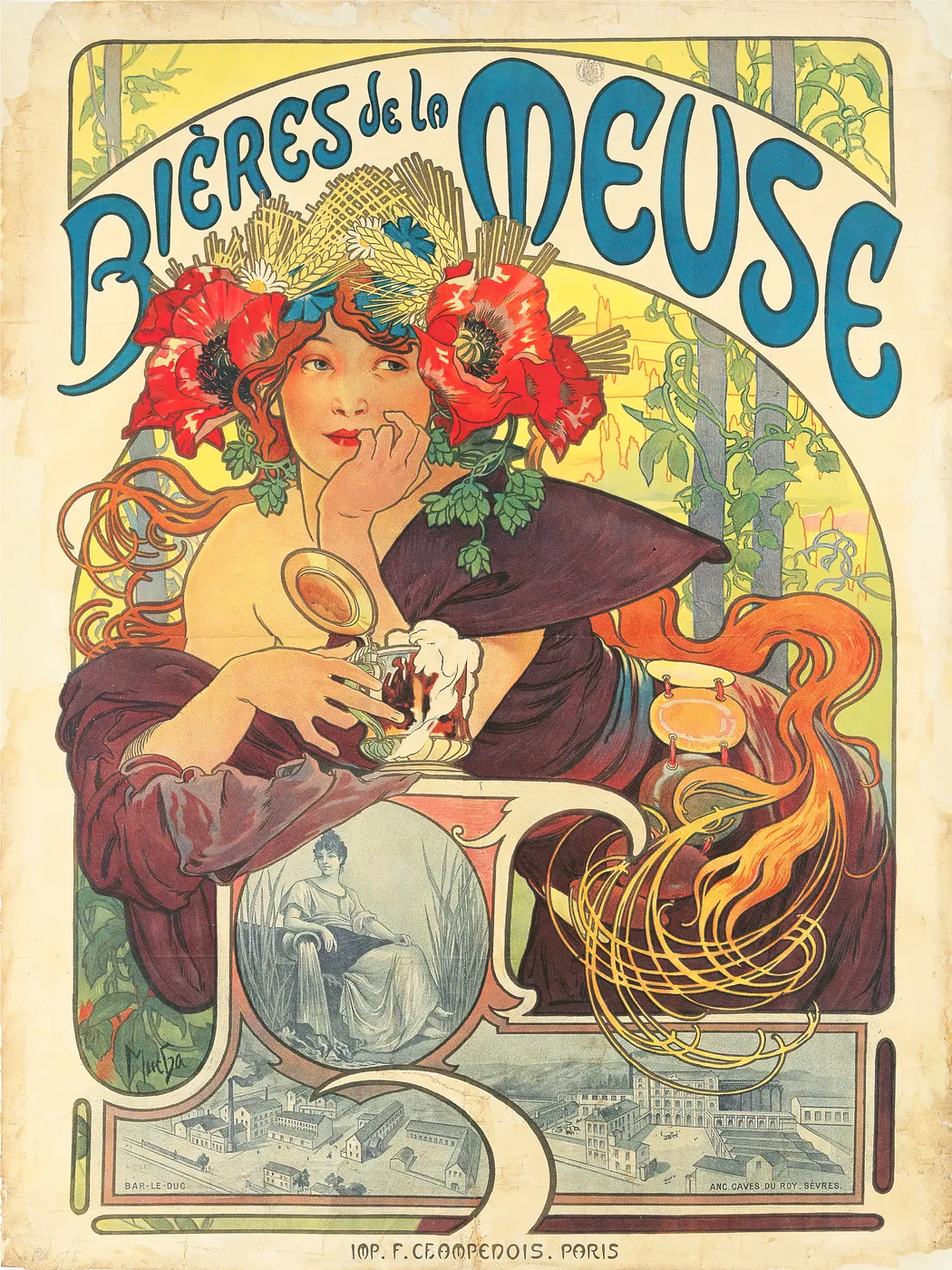 Art nouveau exhibition style poster of an illustrated woman framed by flowing organic lines and a decorative floral border in warm jewel tones.