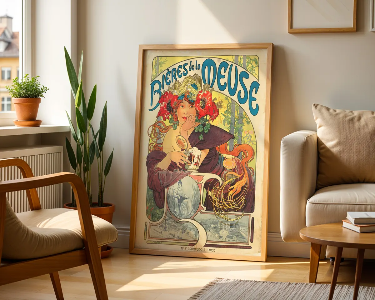 Art nouveau exhibition style poster of an illustrated woman framed by flowing organic lines and a decorative floral border in warm jewel tones. — photo 2