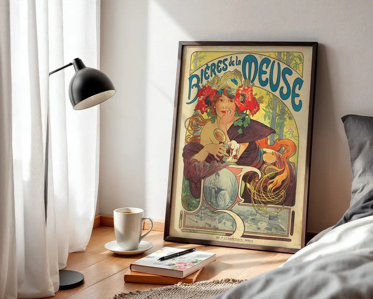Art nouveau exhibition style poster of an illustrated woman framed by flowing organic lines and a decorative floral border in warm jewel tones. — photo 3