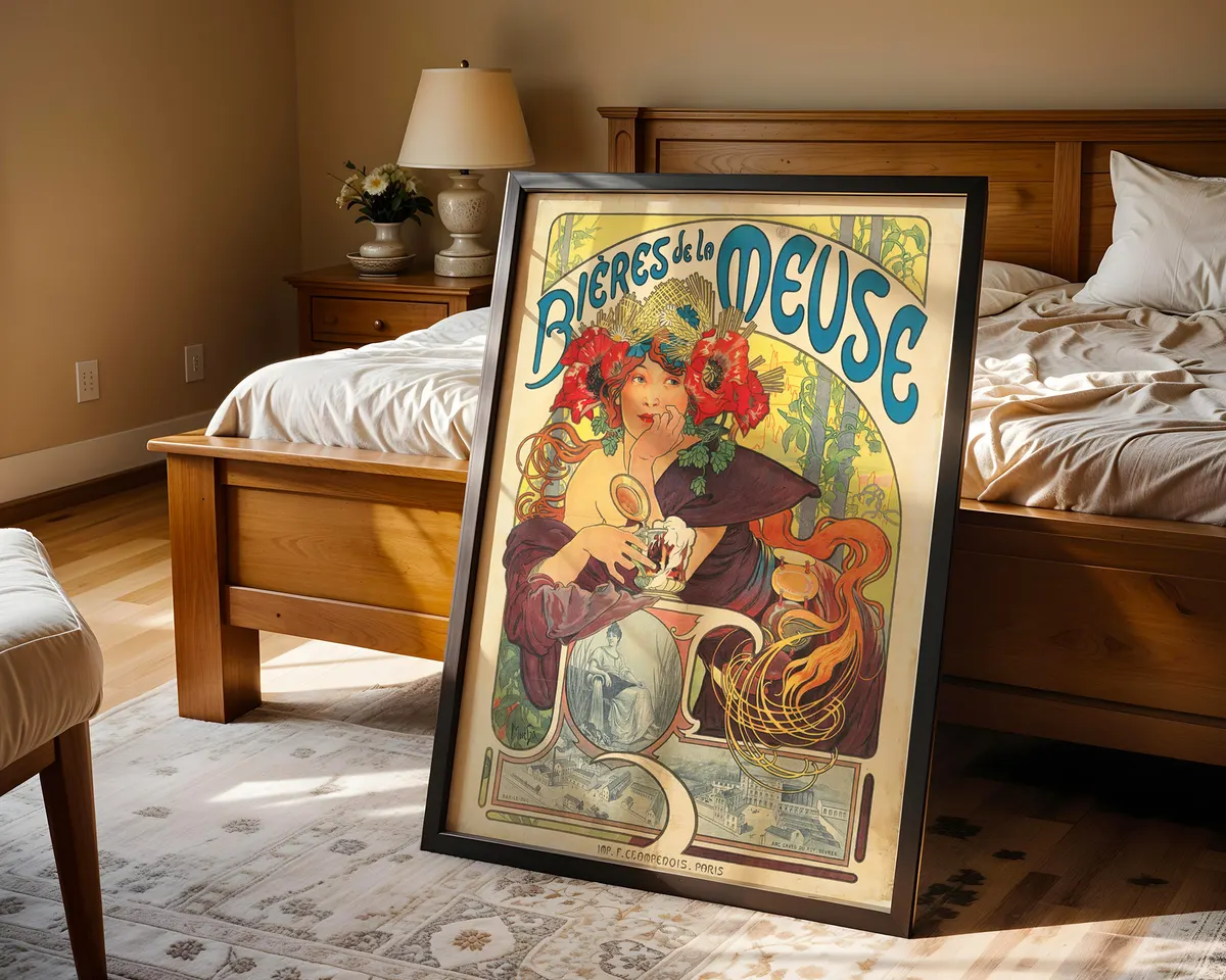 Art nouveau exhibition style poster of an illustrated woman framed by flowing organic lines and a decorative floral border in warm jewel tones. — photo 4