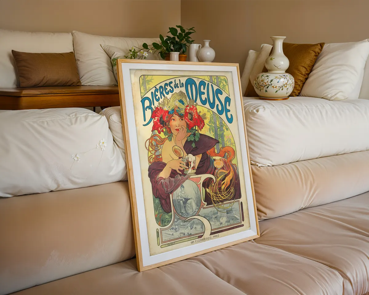 Art nouveau exhibition style poster of an illustrated woman framed by flowing organic lines and a decorative floral border in warm jewel tones. — photo 6