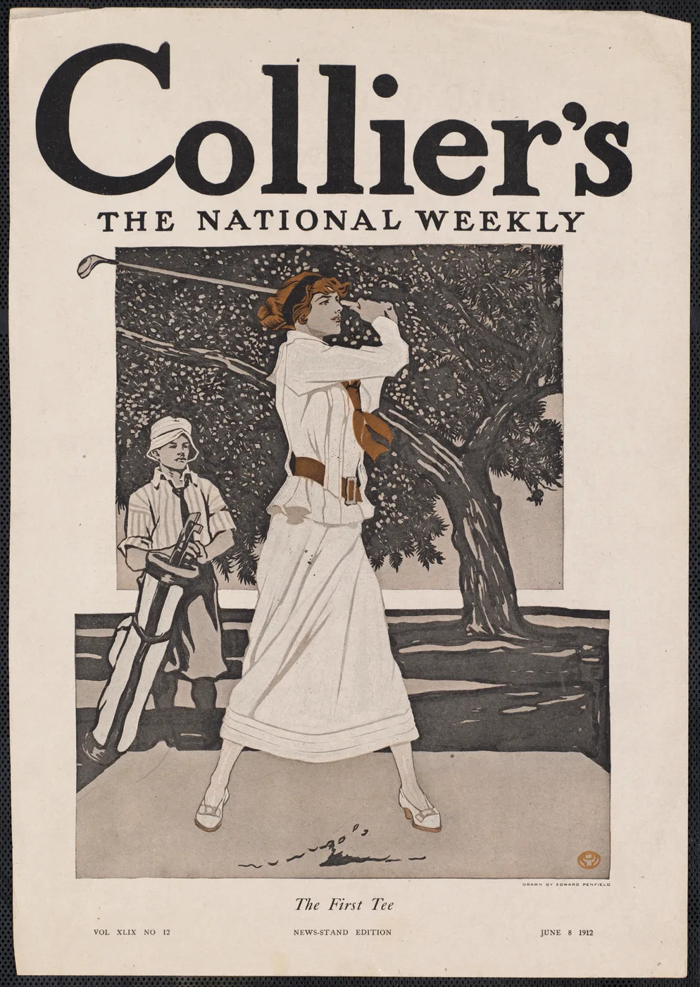Vintage 1890s poster of an elegantly dressed woman playing golf in bold flat colours in early American magazine illustration style.