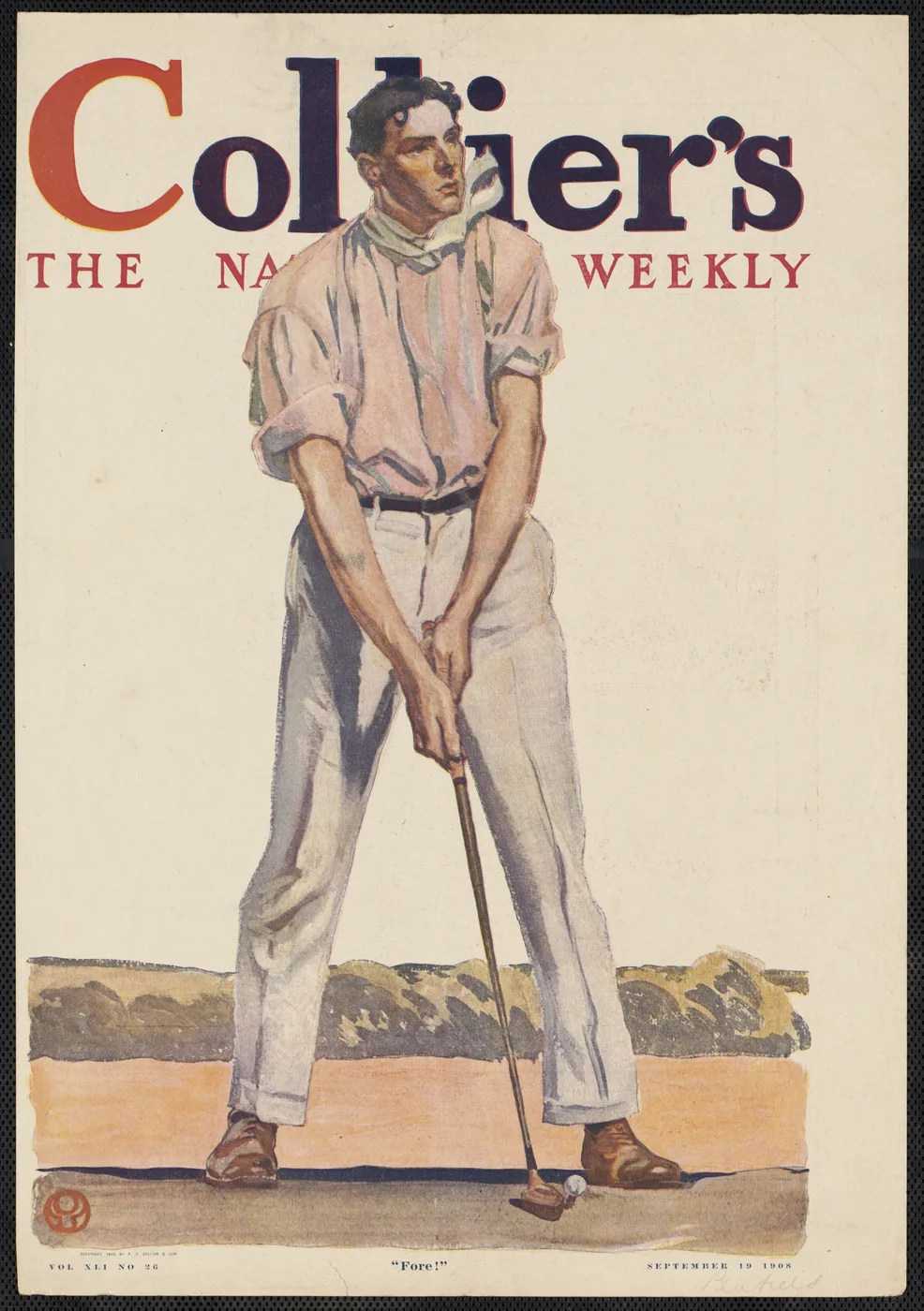 Vintage 1890s golf poster with a bold flat-colour illustrated golfer mid-swing in classic American magazine cover style.