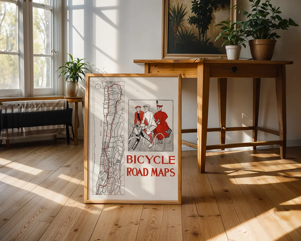 Vintage 1895 bicycle poster with a bold flat-colour illustration celebrating the early cycling era in American art nouveau style. — photo 2