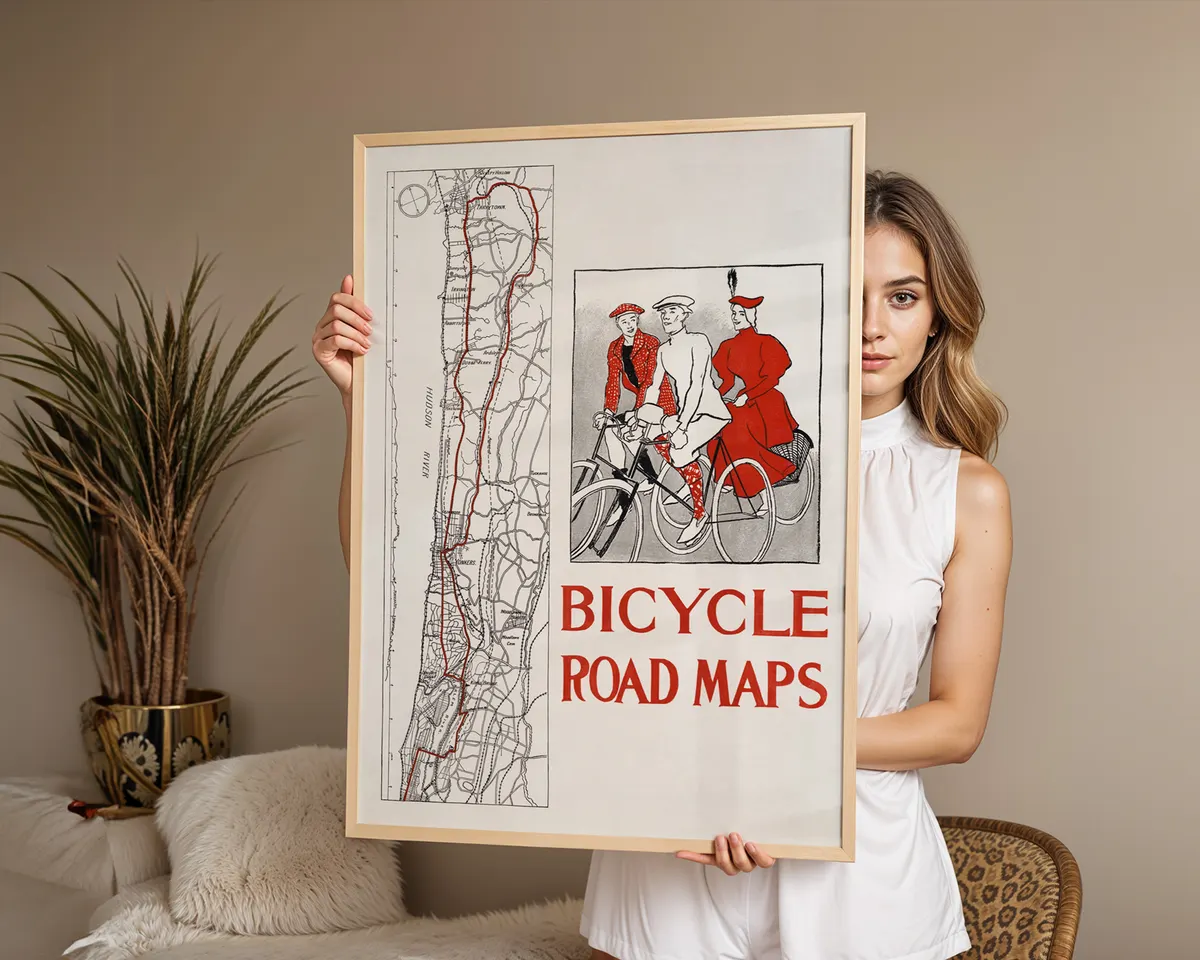 Vintage 1895 bicycle poster with a bold flat-colour illustration celebrating the early cycling era in American art nouveau style. — photo 3