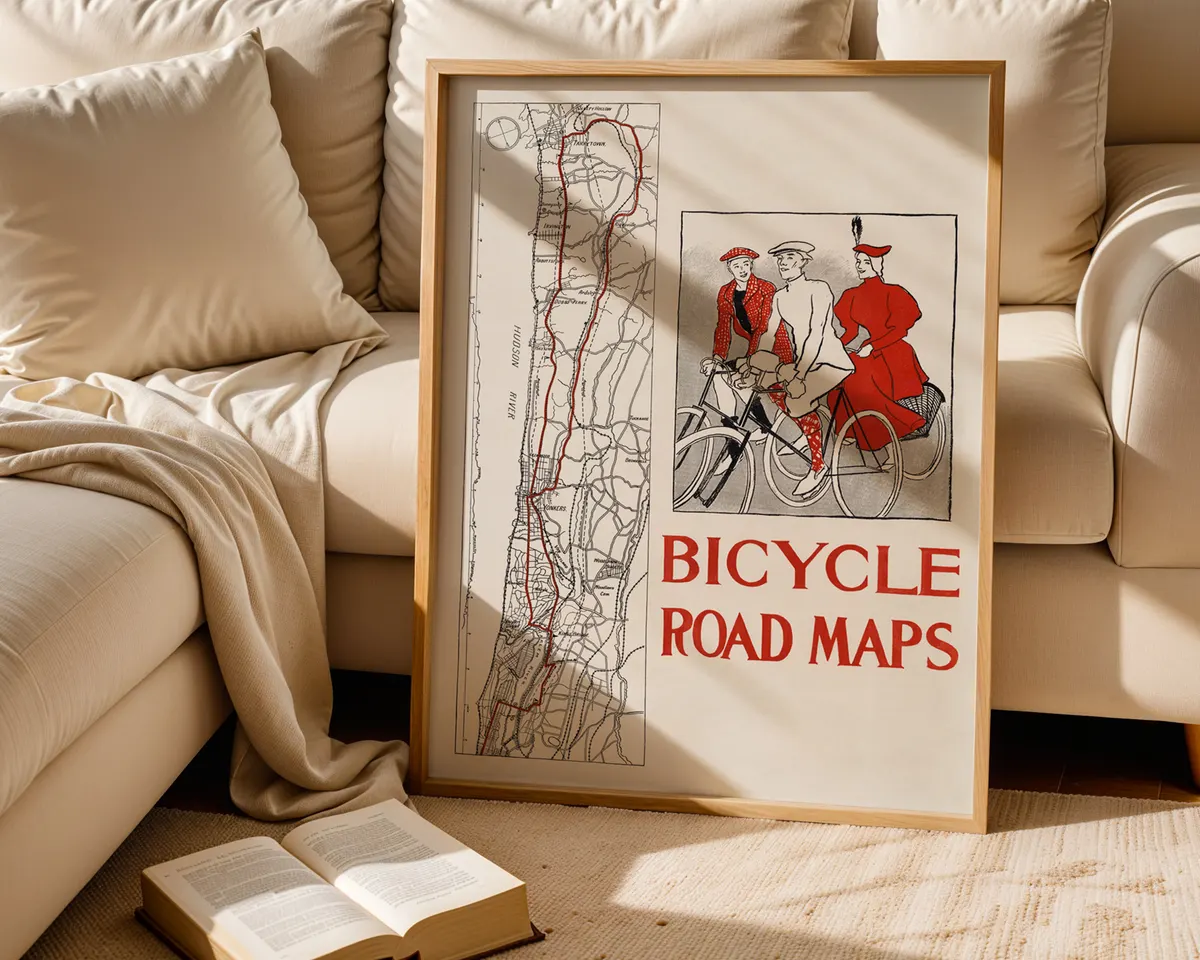 Vintage 1895 bicycle poster with a bold flat-colour illustration celebrating the early cycling era in American art nouveau style. — photo 5