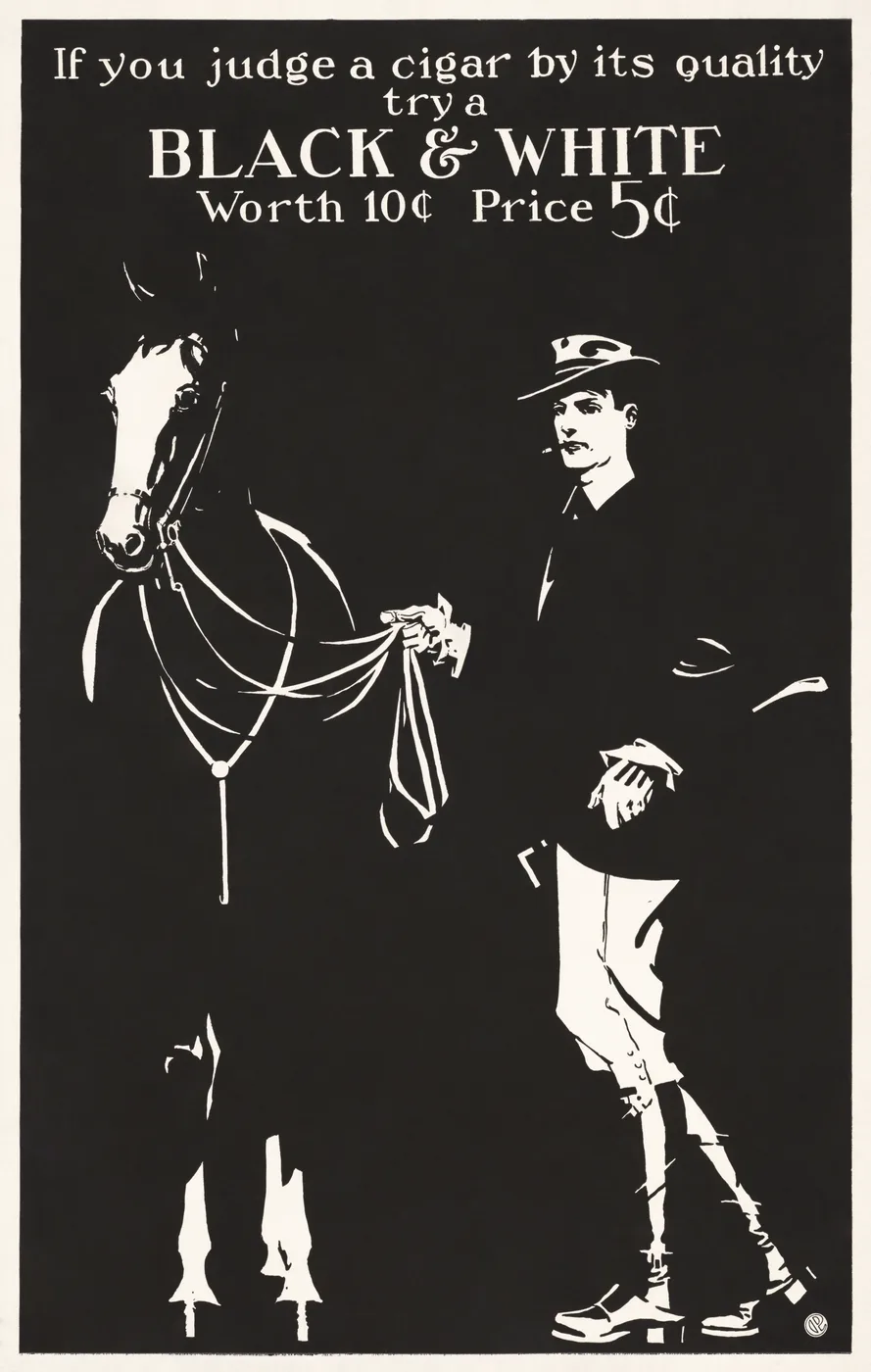 Vintage 1890s black and white cigar advertising poster with a bold clean illustration in golden age American poster style.