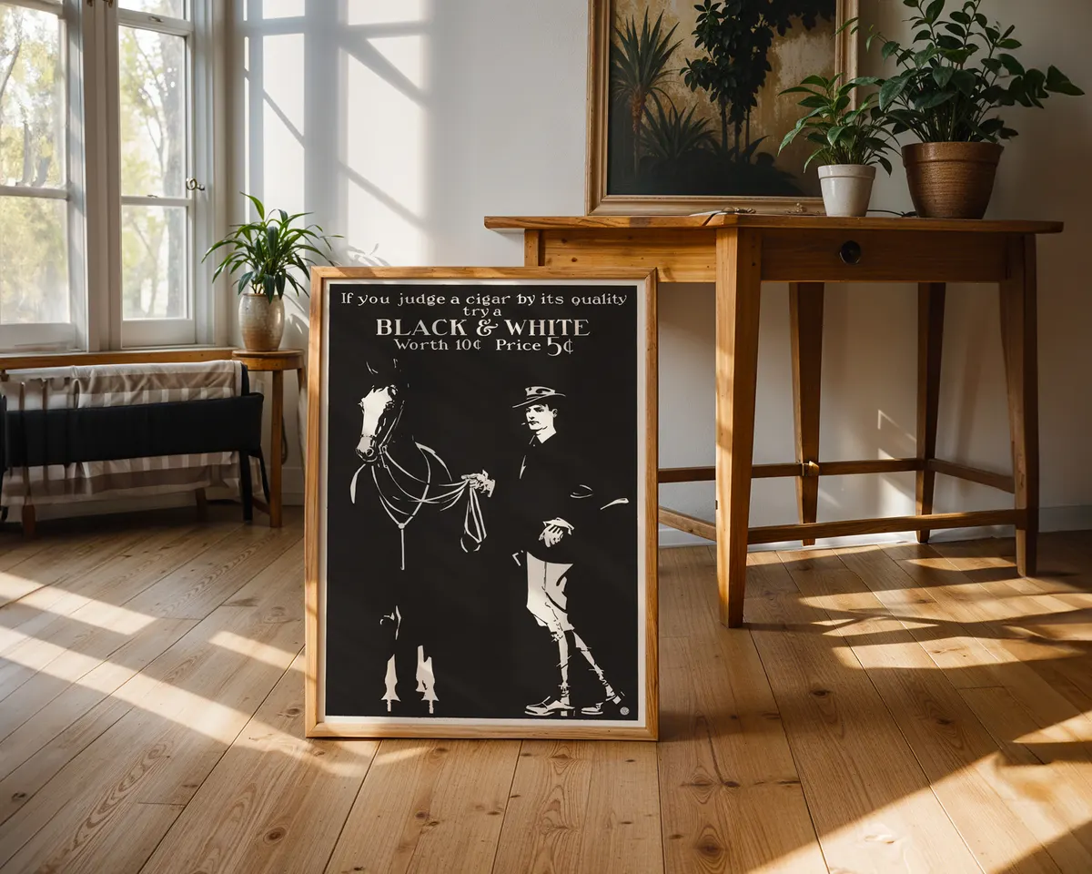 Vintage 1890s black and white cigar advertising poster with a bold clean illustration in golden age American poster style. — photo 2