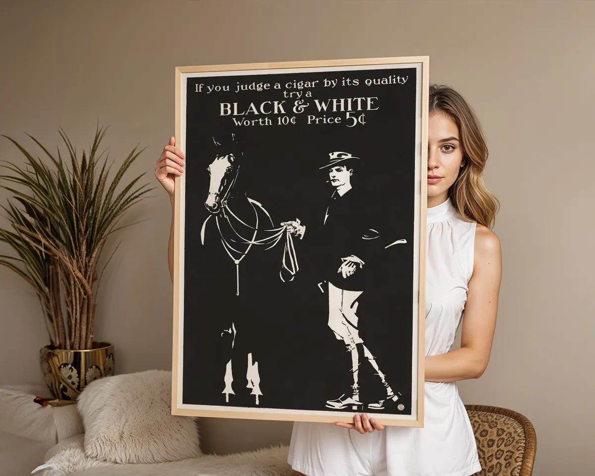 Vintage 1890s black and white cigar advertising poster with a bold clean illustration in golden age American poster style. — photo 3