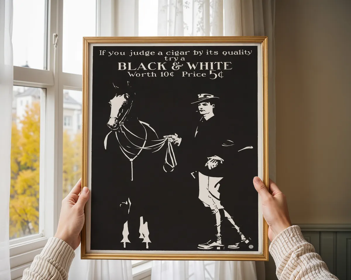 Vintage 1890s black and white cigar advertising poster with a bold clean illustration in golden age American poster style. — photo 4