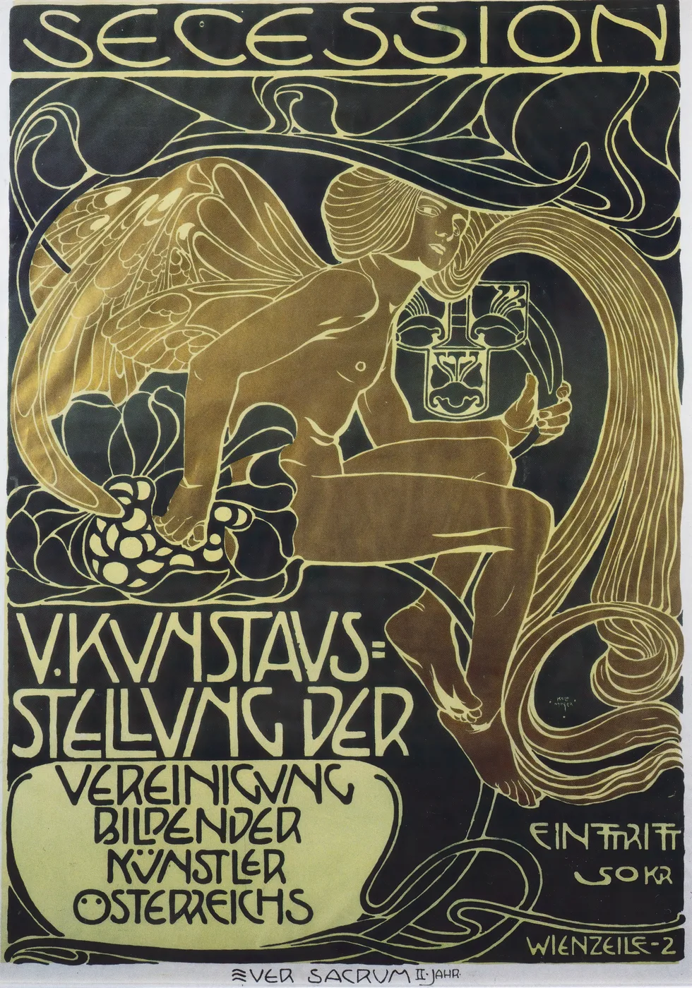 Art nouveau exhibition poster with sweeping ornamental botanical motifs in rich jewel tones.