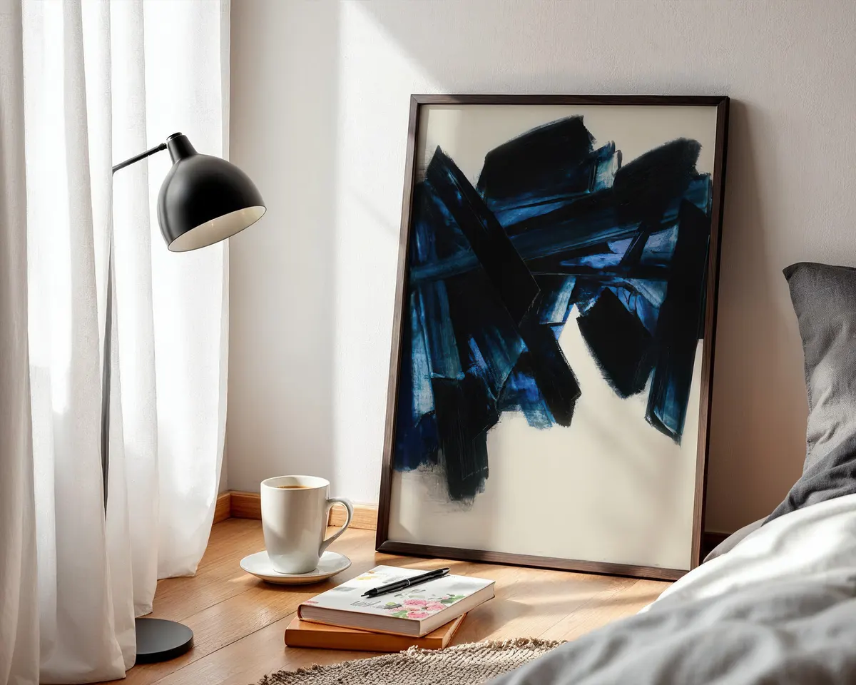 Textured black abstract poster with rich layered surface and gestural strokes catching light within darkness. — photo 3