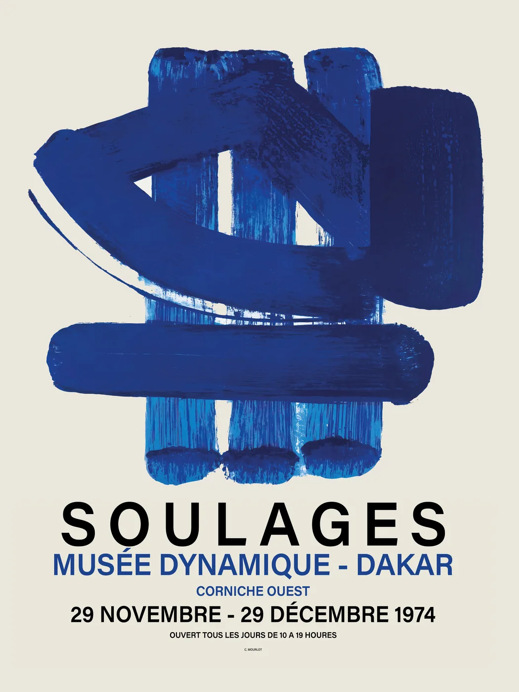 Deep blue abstract art poster with dark navy gestural composition and luminous surface texture.