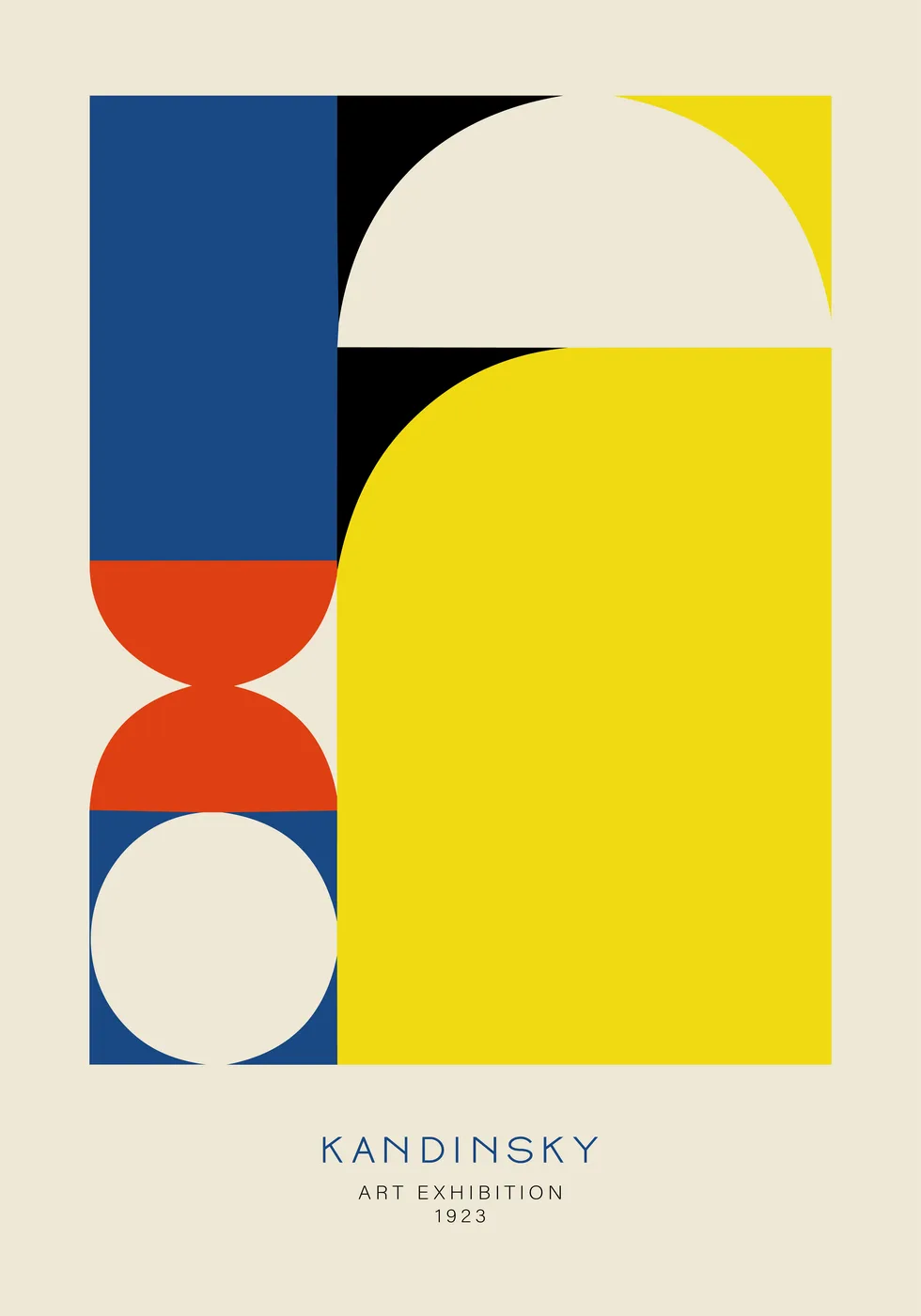 Colorful abstract geometric poster with circles, triangles and organic forms in a vibrant Kandinsky-style composition.