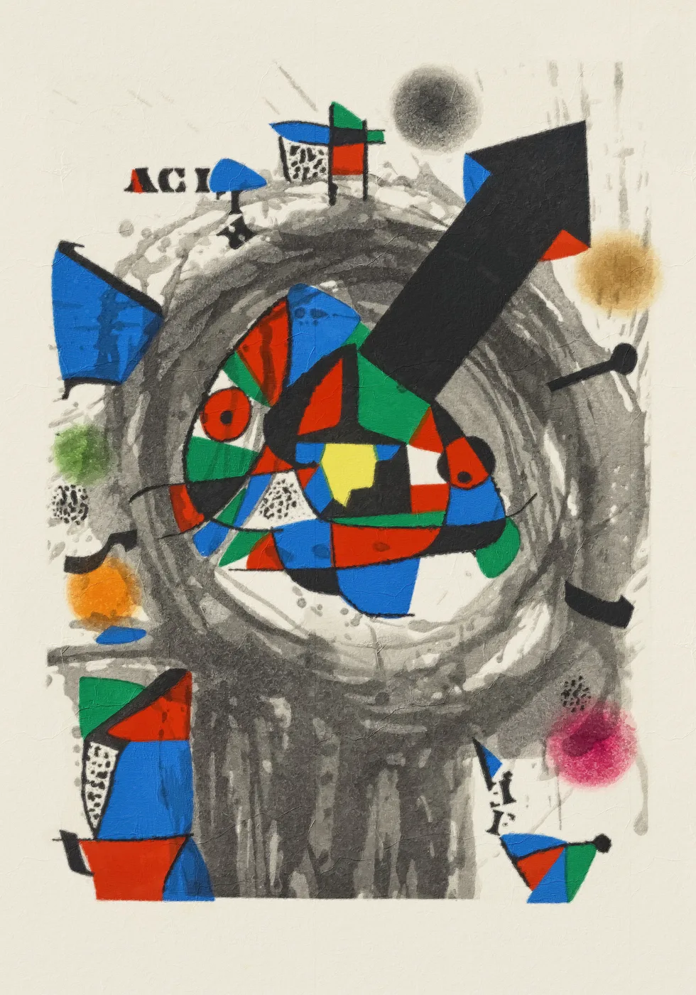 Surrealist abstract poster with playful biomorphic forms and constellation motifs in bold primary colours with black organic lines.